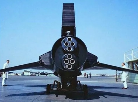 Rear view of the X-15-1 with twin XLR-11 rocket engines 